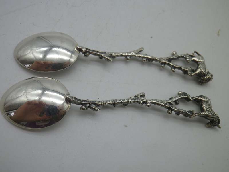 2 Sterling Silver teaspoons. LION & ZEBRA.  9.5cm 20g