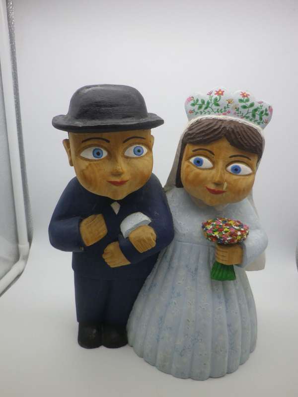 Vintage Polish Folk Art Painted Large Wooden Bride and Groom