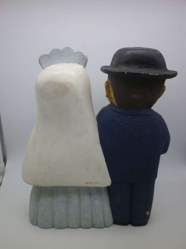 Vintage Polish Folk Art Painted Large Wooden Bride and Groom