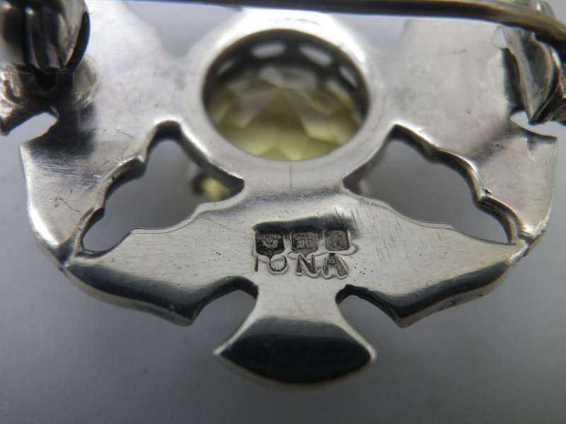 SCOTTISH Celtic Hallmarked Sterling Silver & Citrine Thistle Brooch. Iona. 3cm