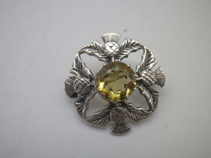 SCOTTISH Celtic Hallmarked Sterling Silver & Citrine Thistle Brooch. Iona. 3cm