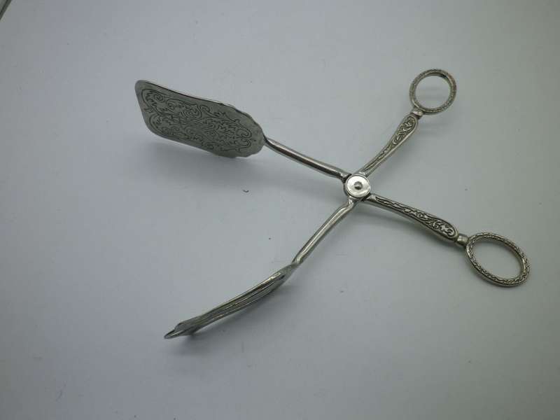 Vintage  Silver Plate on Zinc Engraved Pastry Tongs. Good Quality