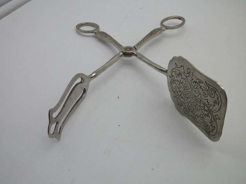 Vintage  Silver Plate on Zinc Engraved Pastry Tongs. Good Quality