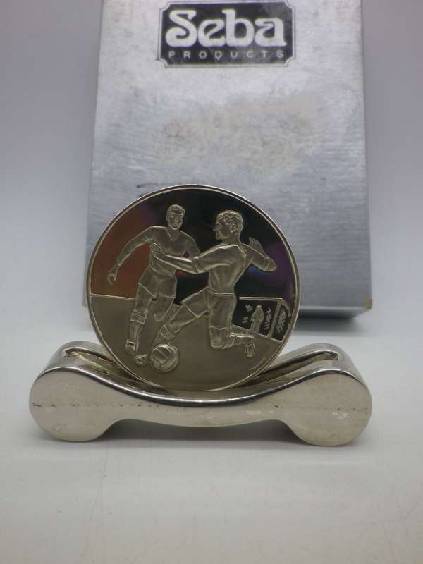 Silver Plated Soccer Trophy MEDAL. With stand. Space for engraving. Boxed Unusual