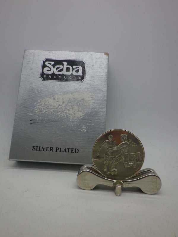 Silver Plated Soccer Trophy MEDAL. With stand. Space for engraving. Boxed Unusual