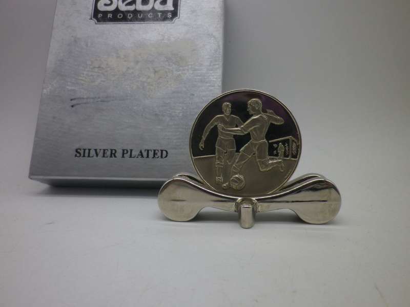 Silver Plated Soccer Trophy MEDAL. With stand. Space for engraving. Boxed Unusual