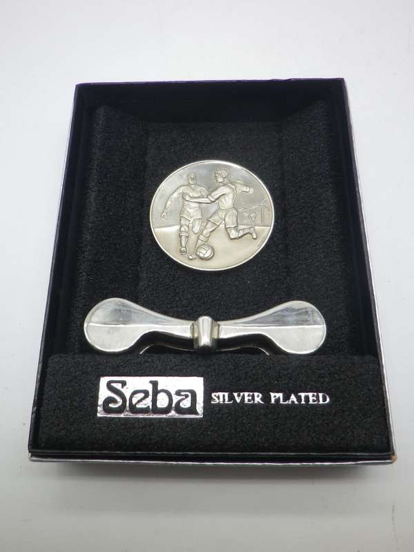 Silver Plated Soccer Trophy MEDAL. With stand. Space for engraving. Boxed Unusual