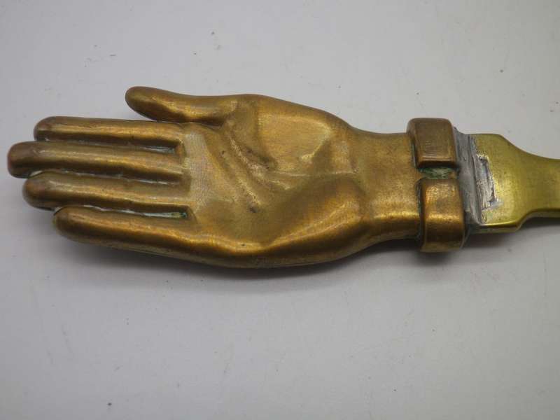 Rare Vintage  Brass & Copper Hand letter opener. The Red Hand Compositions Co, London