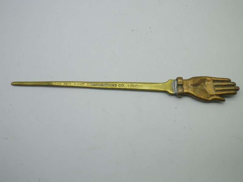 Rare Vintage  Brass & Copper Hand letter opener. The Red Hand Compositions Co, London