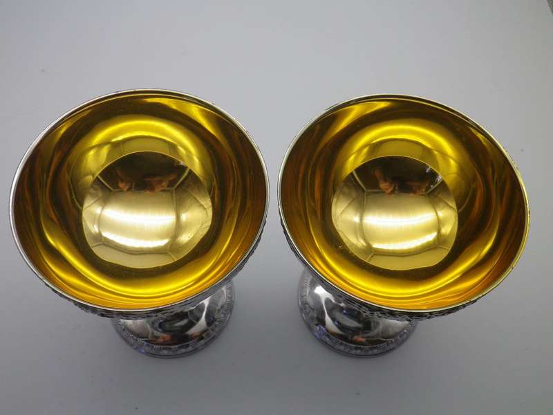 SILVER PLATED ornate Champagne Goblets Gilt interior EM- ESS Tarnish Free. No Polish