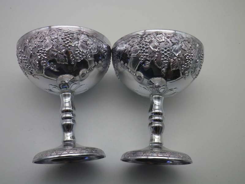 SILVER PLATED ornate Champagne Goblets Gilt interior EM- ESS Tarnish Free. No Polish