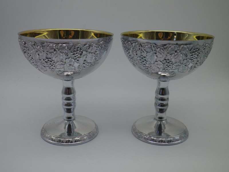 SILVER PLATED ornate Champagne Goblets Gilt interior EM- ESS Tarnish Free. No Polish