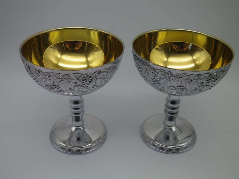 SILVER PLATED ornate Champagne Goblets Gilt interior EM- ESS Tarnish Free. No Polish