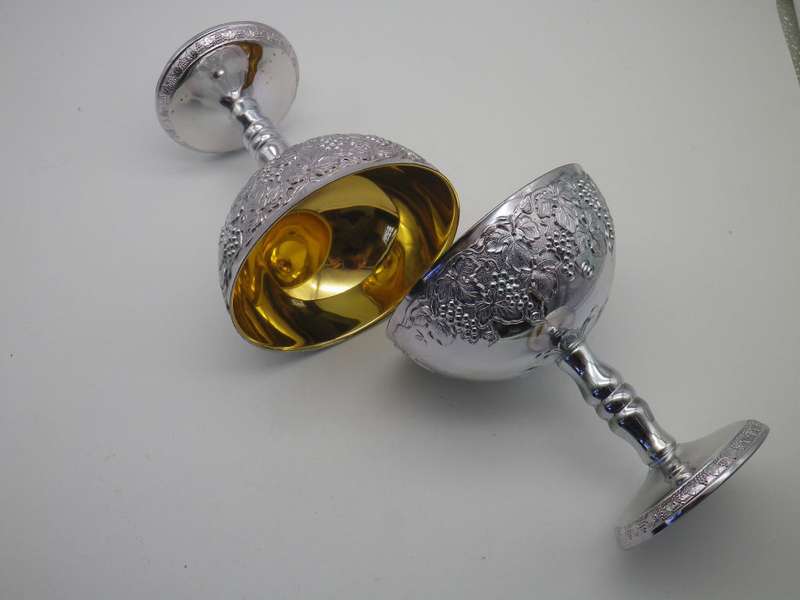 SILVER PLATED ornate Champagne Goblets Gilt interior EM- ESS Tarnish Free. No Polish