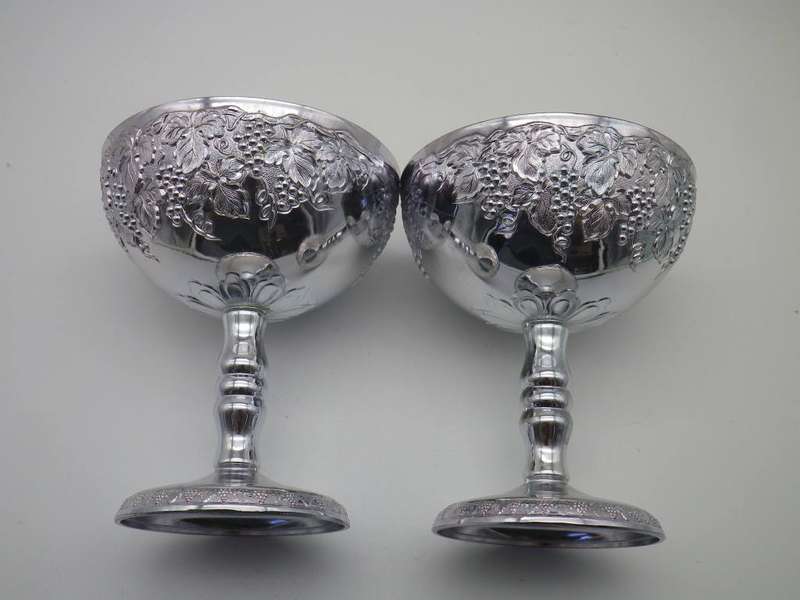 SILVER PLATED ornate Champagne Goblets Gilt interior EM- ESS Tarnish Free. No Polish