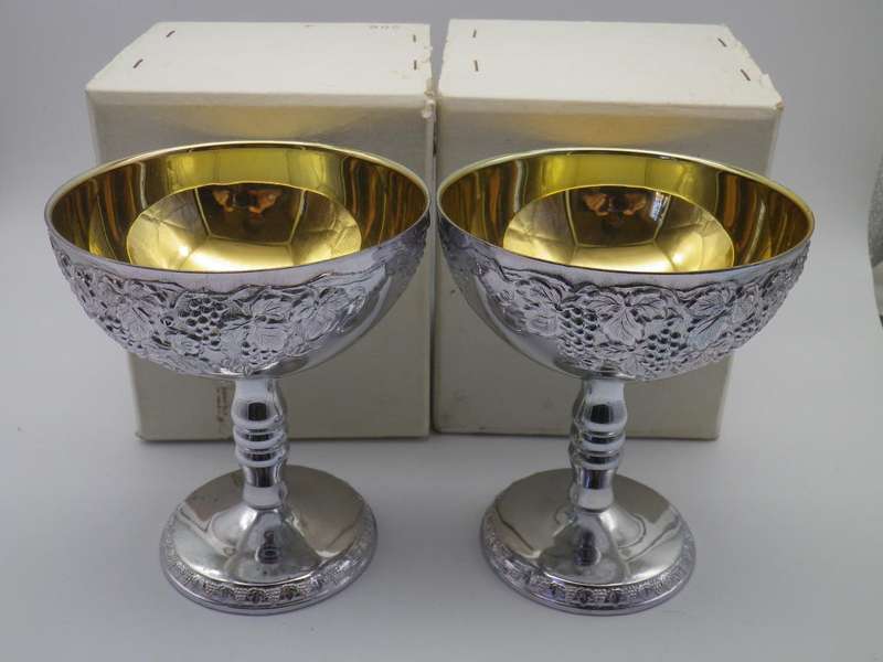 SILVER PLATED ornate Champagne Goblets Gilt interior EM- ESS Tarnish Free. No Polish