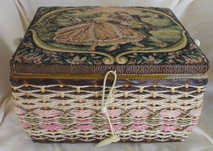 Fabulous Vintage SEWING Box. Woven Plastic with Tapestry material top. Carry Handle