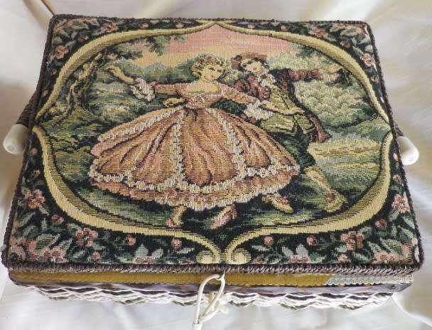 Fabulous Vintage SEWING Box. Woven Plastic with Tapestry material top. Carry Handle