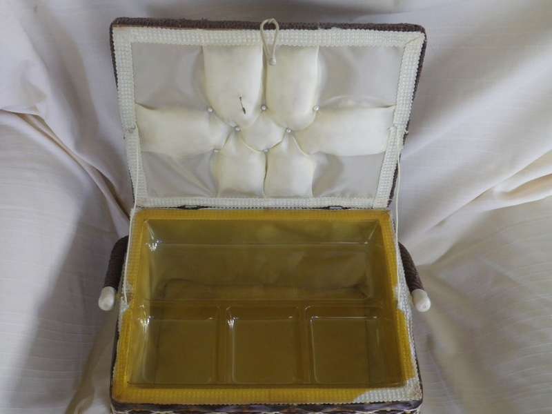 Fabulous Vintage SEWING Box. Woven Plastic with Tapestry material top. Carry Handle