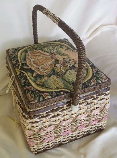 Fabulous Vintage SEWING Box. Woven Plastic with Tapestry material top. Carry Handle