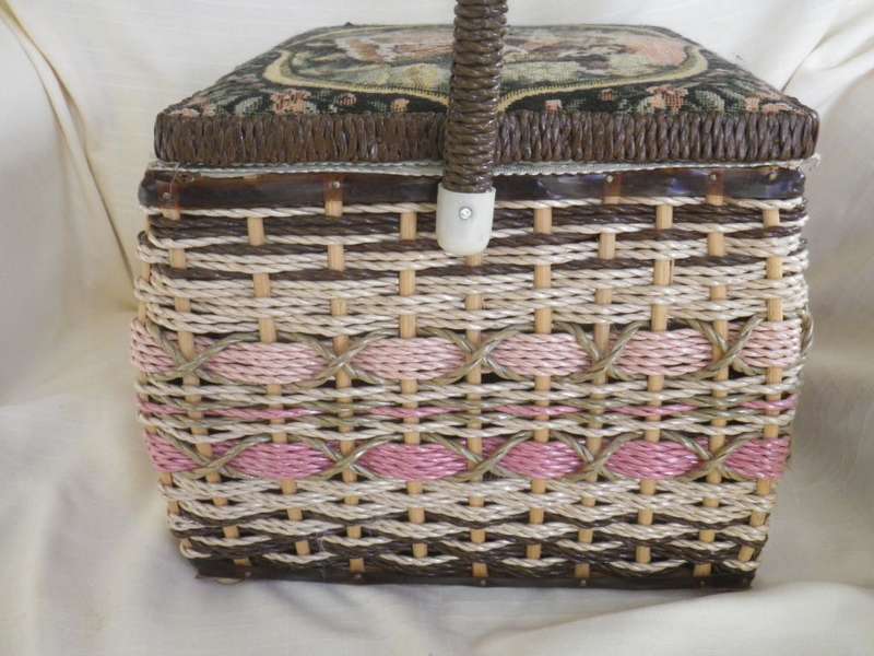 Fabulous Vintage SEWING Box. Woven Plastic with Tapestry material top. Carry Handle