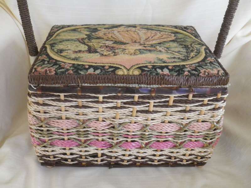 Fabulous Vintage SEWING Box. Woven Plastic with Tapestry material top. Carry Handle