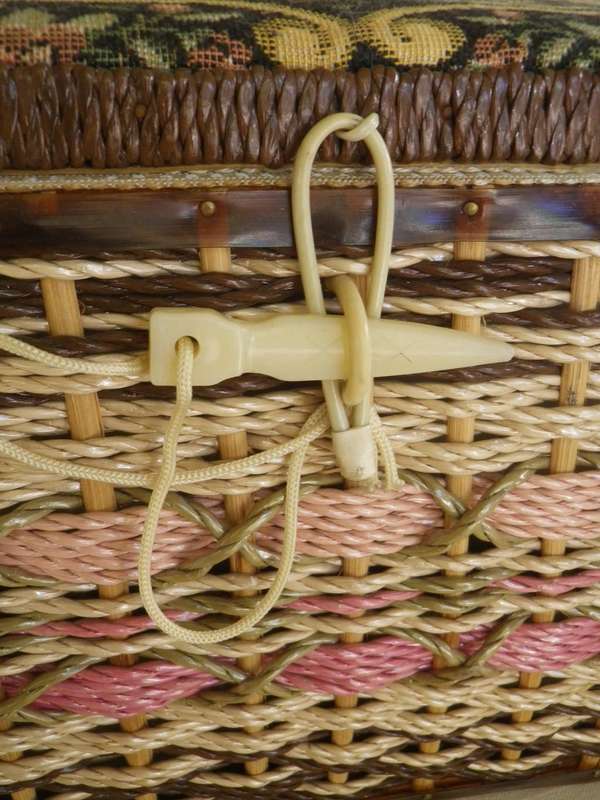 Fabulous Vintage SEWING Box. Woven Plastic with Tapestry material top. Carry Handle