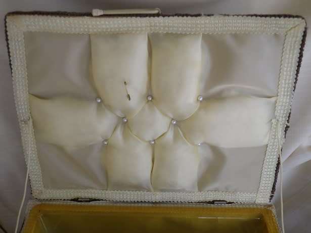 Fabulous Vintage SEWING Box. Woven Plastic with Tapestry material top. Carry Handle