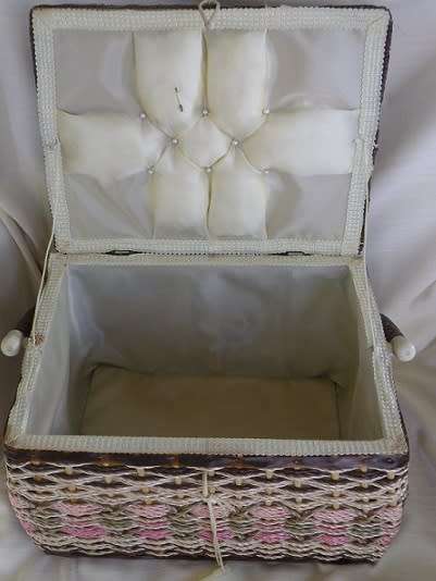 Fabulous Vintage SEWING Box. Woven Plastic with Tapestry material top. Carry Handle