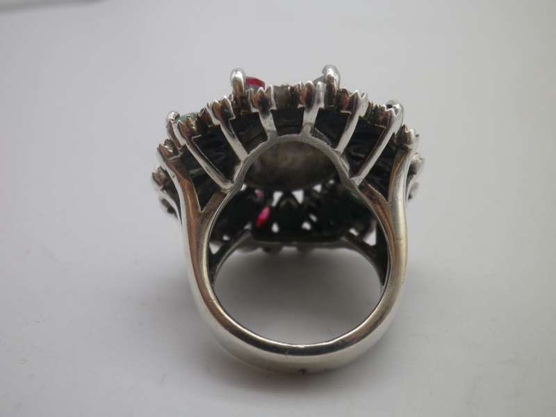 Sterling Silver, multi stone & marcasite dramatic Circus top ring. Size M 16.8 g