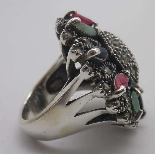 Sterling Silver, multi stone & marcasite dramatic Circus top ring. Size M 16.8 g