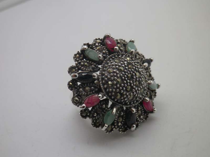 Sterling Silver, multi stone & marcasite dramatic Circus top ring. Size M 16.8 g