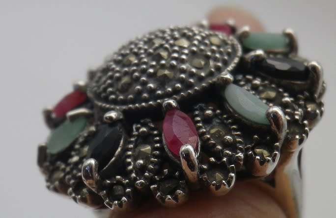 Sterling Silver, multi stone & marcasite dramatic Circus top ring. Size M 16.8 g