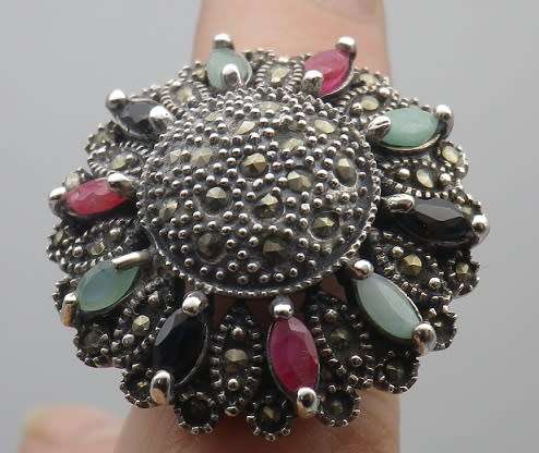 Sterling Silver, multi stone & marcasite dramatic Circus top ring. Size M 16.8 g
