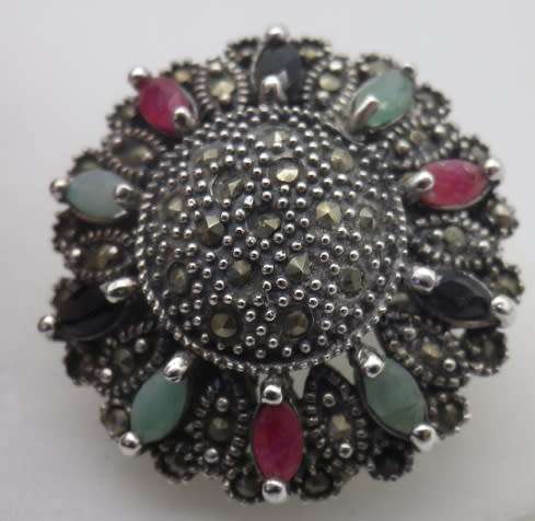 Sterling Silver, multi stone & marcasite dramatic Circus top ring. Size M 16.8 g