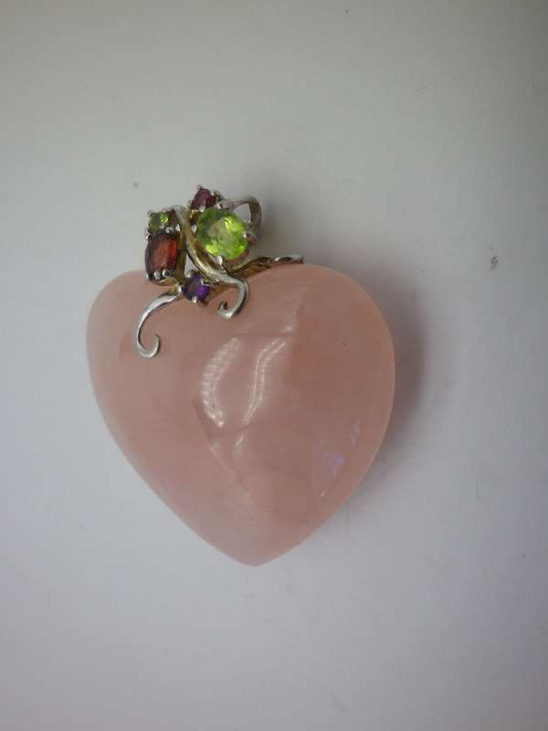 ROSE QUARTZ Heart Pendant set in sterling silver with 2 peridots, 2 garnets & amethyst Large 4.5x5cm