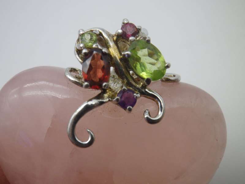 ROSE QUARTZ Heart Pendant set in sterling silver with 2 peridots, 2 garnets & amethyst Large 4.5x5cm