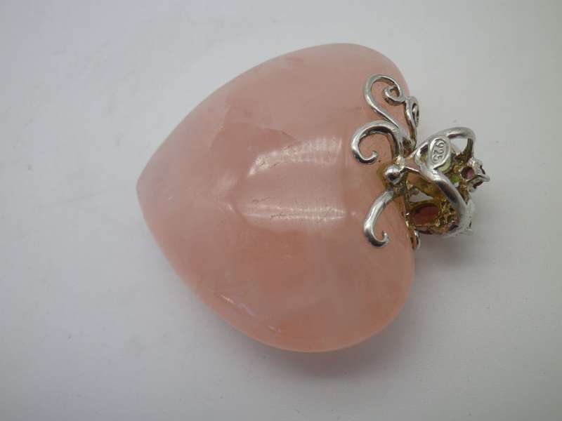 ROSE QUARTZ Heart Pendant set in sterling silver with 2 peridots, 2 garnets & amethyst Large 4.5x5cm