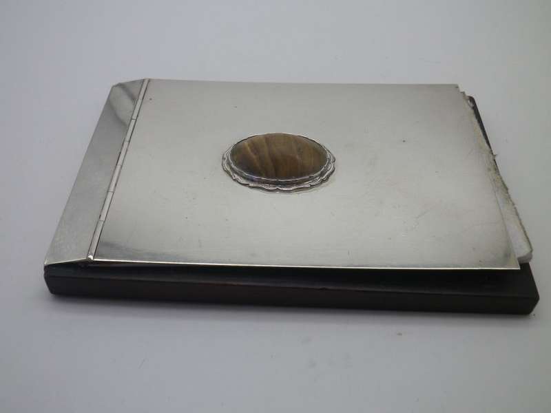 SILVER Note Pad holder. 800 purity Continental silver, likely Italian. Pretty brown stone inset.