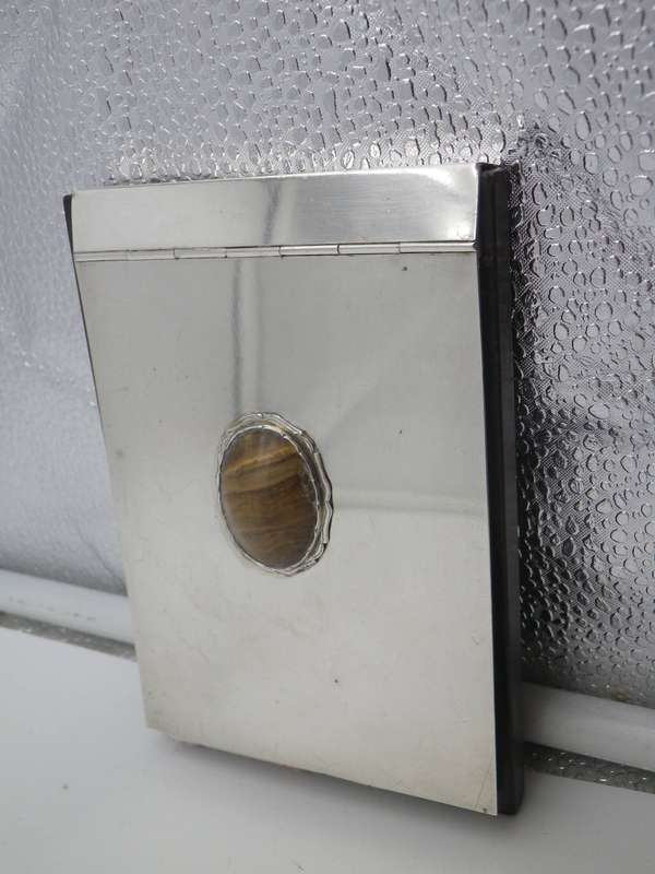 SILVER Note Pad holder. 800 purity Continental silver, likely Italian. Pretty brown stone inset.