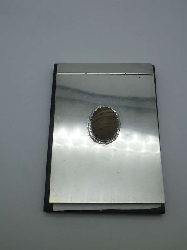 SILVER Note Pad holder. 800 purity Continental silver, likely Italian. Pretty brown stone inset.