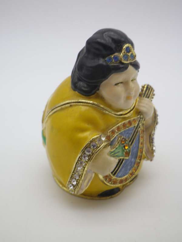 Gorgeous Geisha Trinket pot. Heavy metal, enamel and shiny stones. Cute!!!