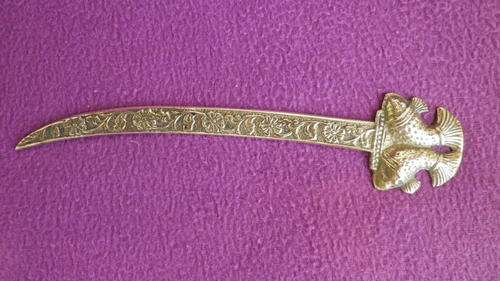Beautiful good quality Indian brass letter opener with fish shaped handle & intricate design detail