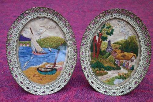 Exquisite & delicate pair of miniature Danish framed embroideries in pretty filigree metal frames