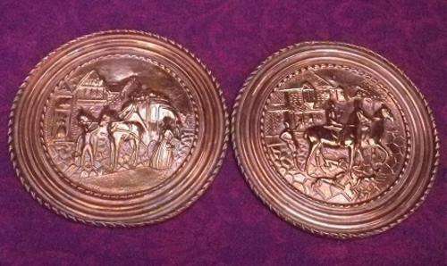 Fantastic these interesting vintage round English pressed Copper Wall plaques- rural horse scenes