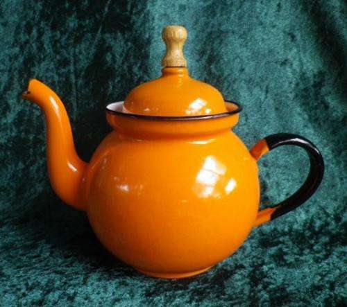 Funky RETRO Pumpkin orange small enamel teapot. Made in Poland.
