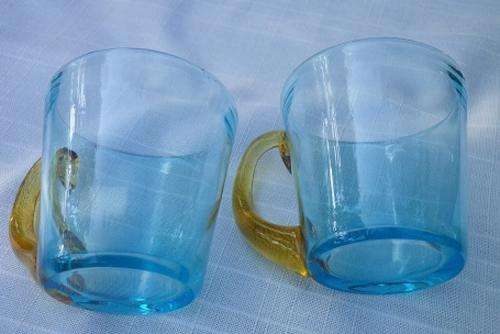 GORGEOUS pair of VICTORIAN CELESTIAL BLUE GLASS with amber handles CUSTARD CUPS c 1880 MINT