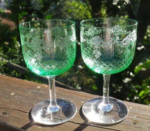 EXTRAORDINARILY BEAUTIFUL pair of EDWARDIAN URANIUM GLASS WINE GLASSES. SUPERB quality. MINT!