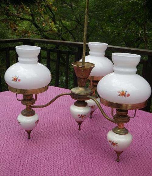 Fabulous vintage white porcelain, milk glass & brass-plated metal 3-armed celing light