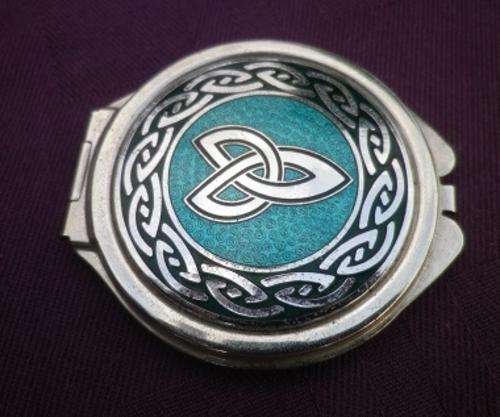 Exquisite double white metal pocket mirror.Stunning celtic knot design & inlaid turquoise enamel